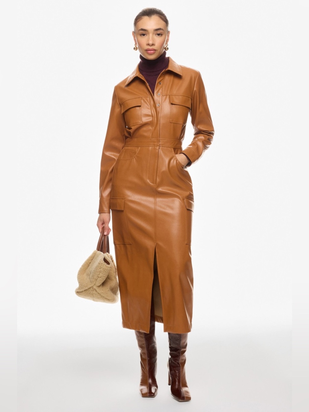 Faux Leather Cargo Shirt Dress Coat - Cognac